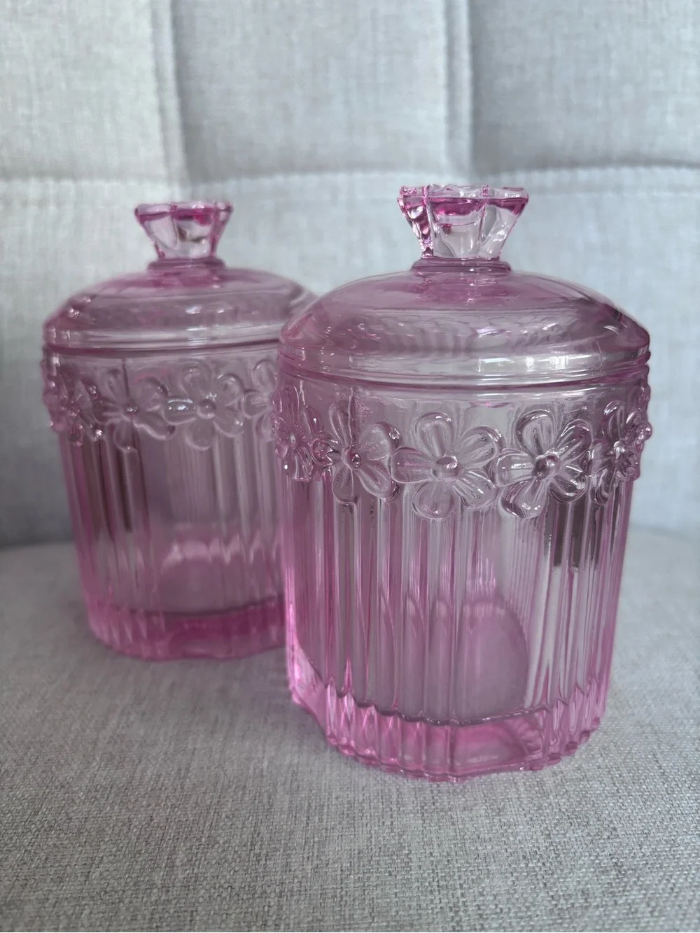 Pink Floral Glass Vanity Jars Set of Two